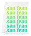 a white towel with green and yellow lettering on it