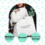 a woman holding a white bag with words on it