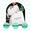 a woman holding a white bag with words on it